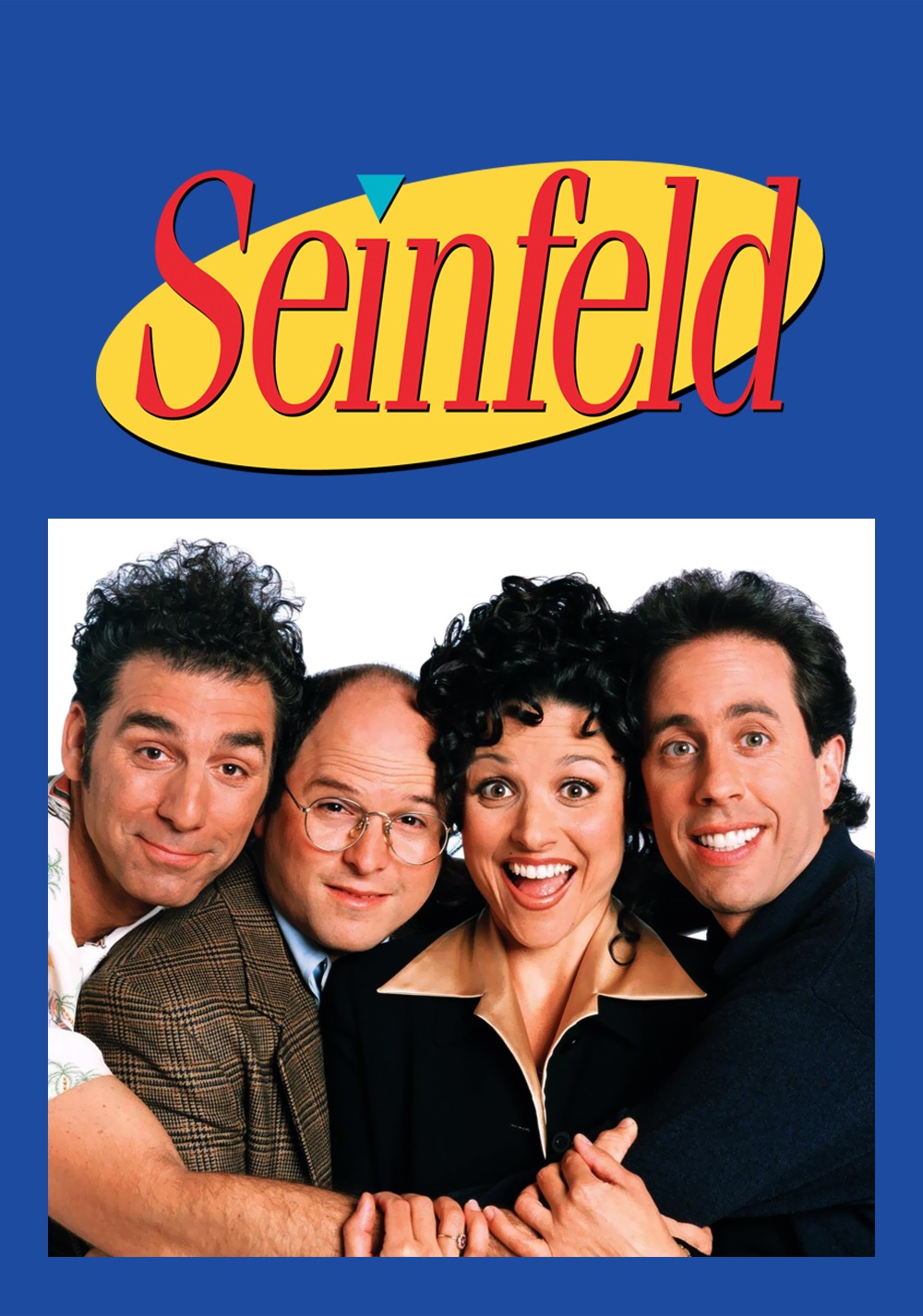 Promotional poster for Seinfeld featuring Kramer, George, Elaine, and Jerry grouped together.